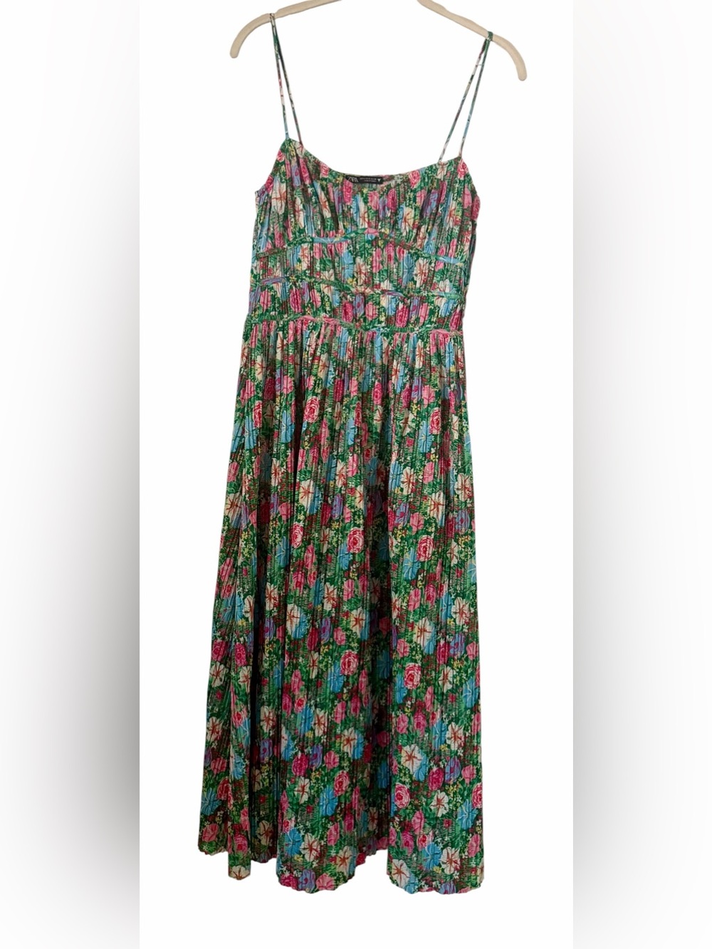 Zara Printed Tulle Dress 5039/704 Small Floral Pleated Strappy Midi Maxi